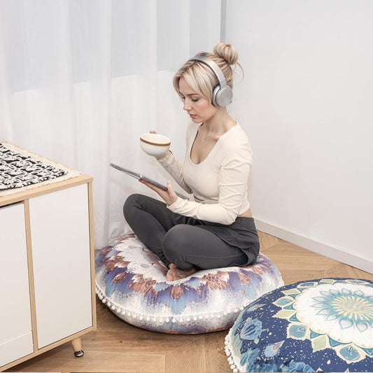 Meditation Cushion Set of 2, 32 Inch Extra Thick Memory Foam Round Floor Pillow with Removable Washable Cover, Bohemian Mandala Yoga Cushion for Adults - Ideal Holiday Decor, Brown