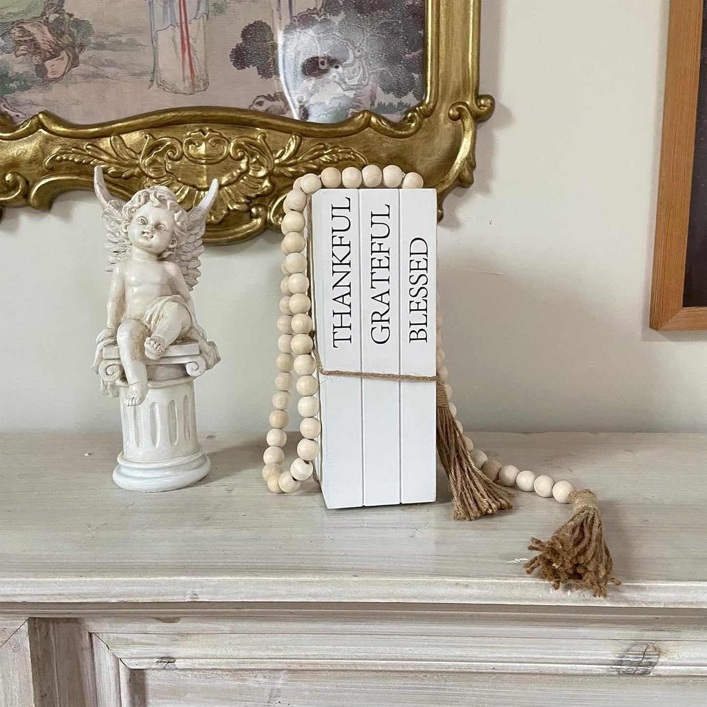 Decorative Books for Home Decor, White Faux Books for Decoration, Rustic Farmhouse Stacked Display Books with 52in Wood Bead Garland for Coffee Tables Living Room (TAKE TIME to DO)