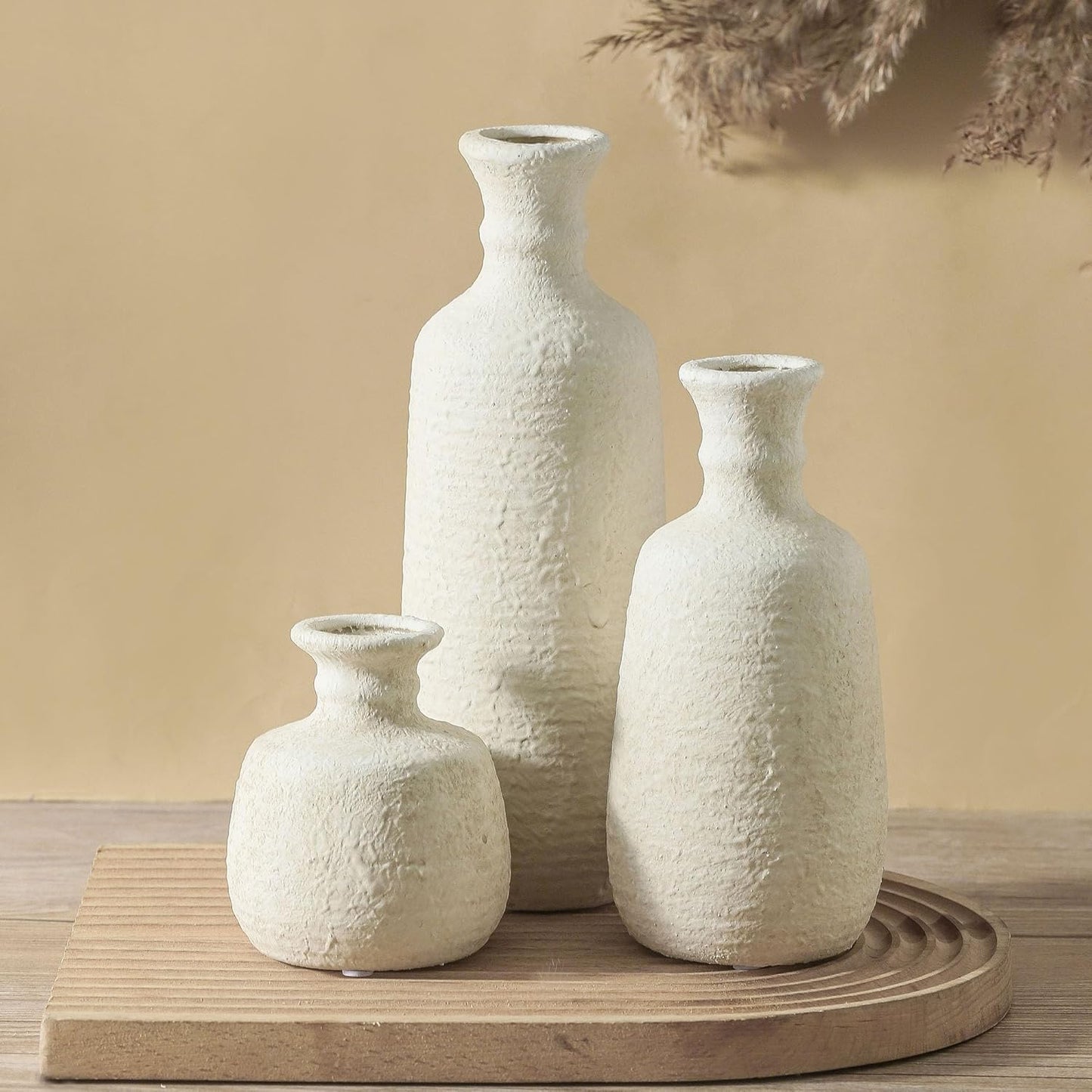 Ceramic Vase Set of 3 | Neutral Vase Home Decor with Handle | Pottery Modern Farmhouse Vases Pampas Grass Flower Vases for Home Decor Table Living Room Centerpieces Mantel Decor - Multicolor