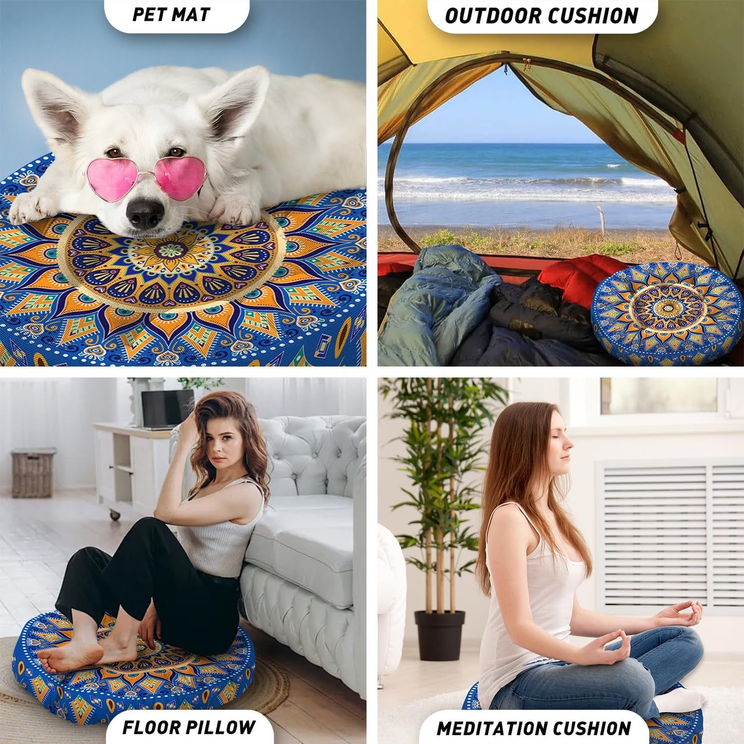 Mandala Meditation Cushion, Boho Meditation Mat, Meditation Pillows for Sitting on Floor, Cushions for Sitting in Home and Outdoor, Square Floor Pillow Cushion Seating for Yoga Accessories 22'' X 22''