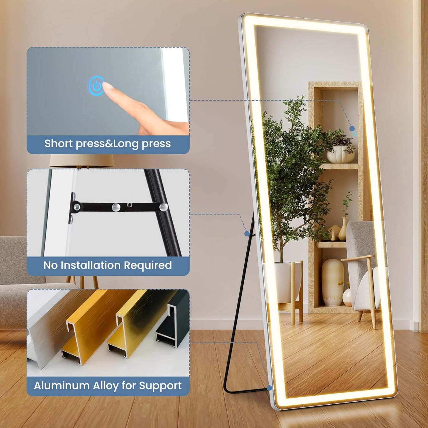 DUMOS Full Length Mirror 64"x21" Full Body Floor Mirror for Bedroom or Cloakroom, Can Stand Alone, Hang or Lean Against Wall, Tall Wall Mirror with Stand, Black
