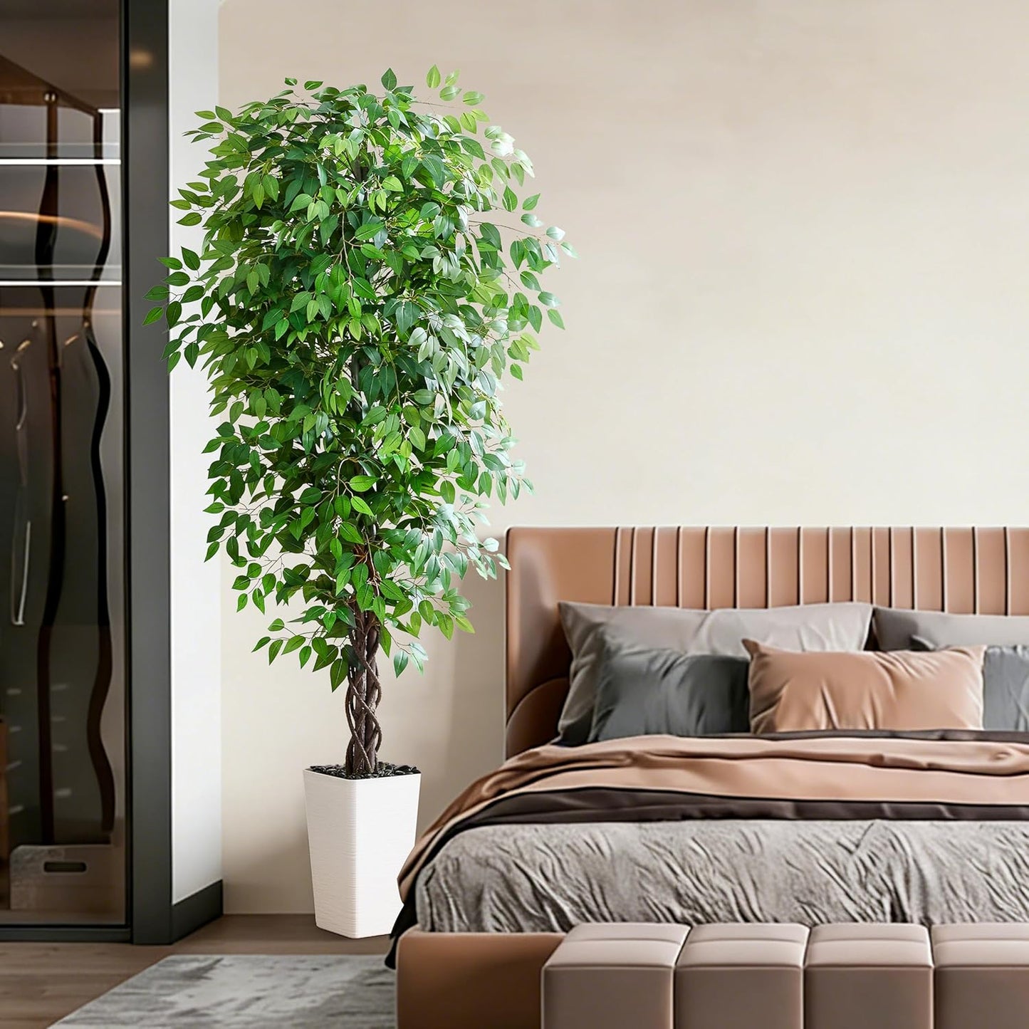 Artificial Ficus Tree 6FT Faux Plants Indoor Tall Fake Plants with White Planter, Green Lifelike Lush Fake Ficus Tree for Home Living Room Bedroom Outdoor Balcony House Office Decor