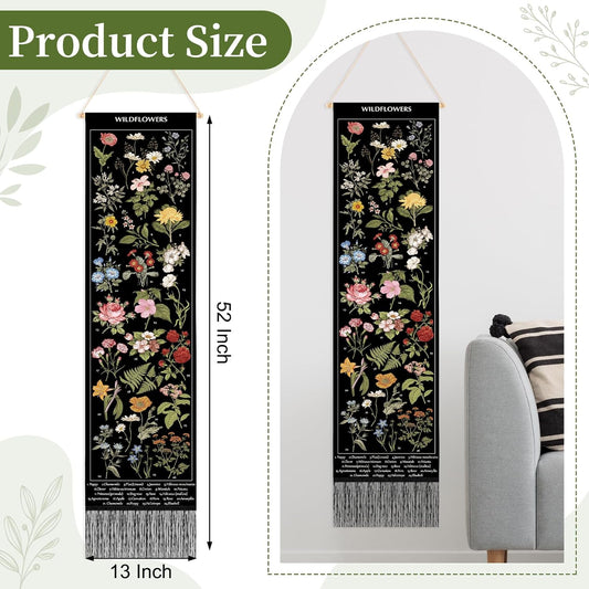 Geetery Vintage Floral Vertical Tapestry Wall Hanging Decor Long Flower Narrow Botanical Fabric Wall Art Hanging Reference Illustrative Tassel Tapestry for Bedroom Living Room Home Decor Gift(White)