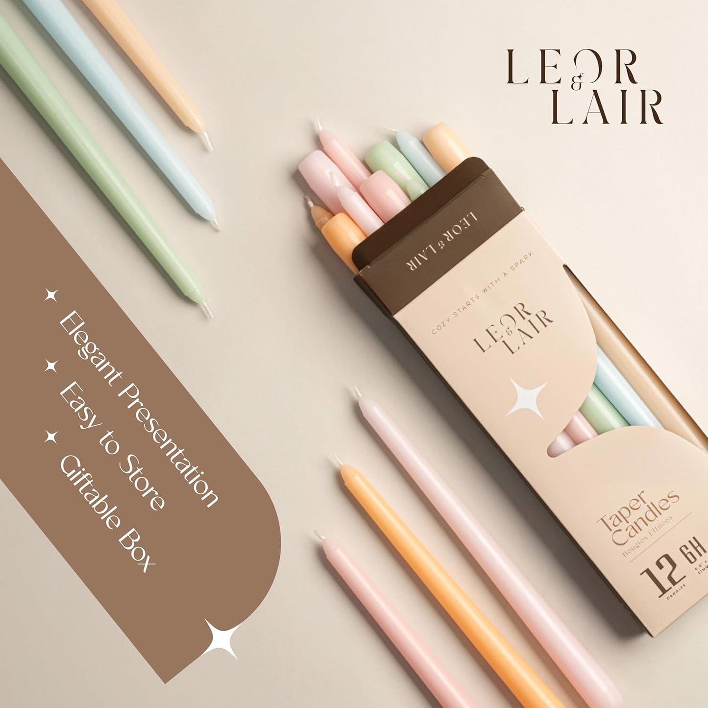 Leor & Lair Pastel Taper Candles 6 Pack - 10" Decorative Tall Candle Sticks with 6 Hour Burn Time - Pastel Candlesticks for Easter Decorations, Wedding & Party Table Decor