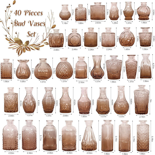 Set of 40 Glass Bud Vases, Small Clear Glass Vases in Bulk, Mini Vintage Embossed Flower Vase for Wedding, Centerpieces, Birthday Party, Home Table Decorations, Baby Shower (Clear)