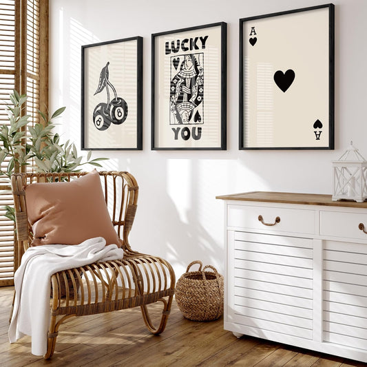 Heiple Framed Set of 3 Poker Wall Art Lucky You Poster, Trendy Retro Print Wall Decor for Queen of Hearts Wall Art Rustic Vintage Farmhouse Home Wall Decor(Black 12"x16")