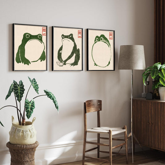 Houmury Set of 3 Framed Japanese Frog Wall Art Decor Vintage Wall Signs Cute Minimalist Decors