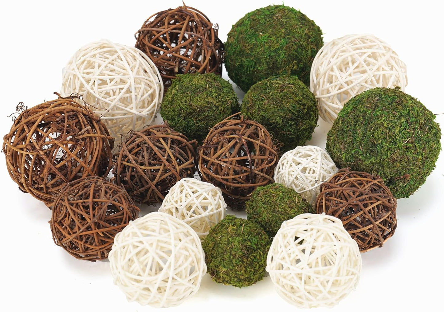 USMOLA 18Pcs Decorative Balls for Centerpiece Bowl - 6Pcs Fake Moss Balls + 12Pcs Rattan Wicker Balls, Artificial Moss Decorative Balls Vase Fillers for Home Garden Wedding Party Decor (Rustic)