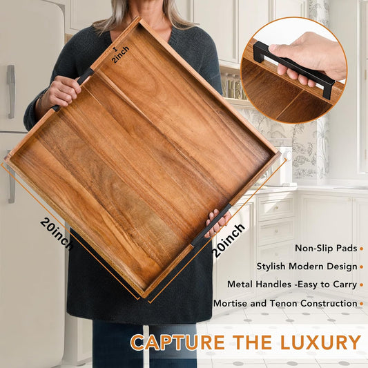 Large Square Ottoman Tray for Living Room and Coffee Table, Decorative Acacia Wood Serving Tray with Metal Handles for Breakfast in Bed, Dinner Food Kitchen TV (Natural, 20" x 20" x 2")