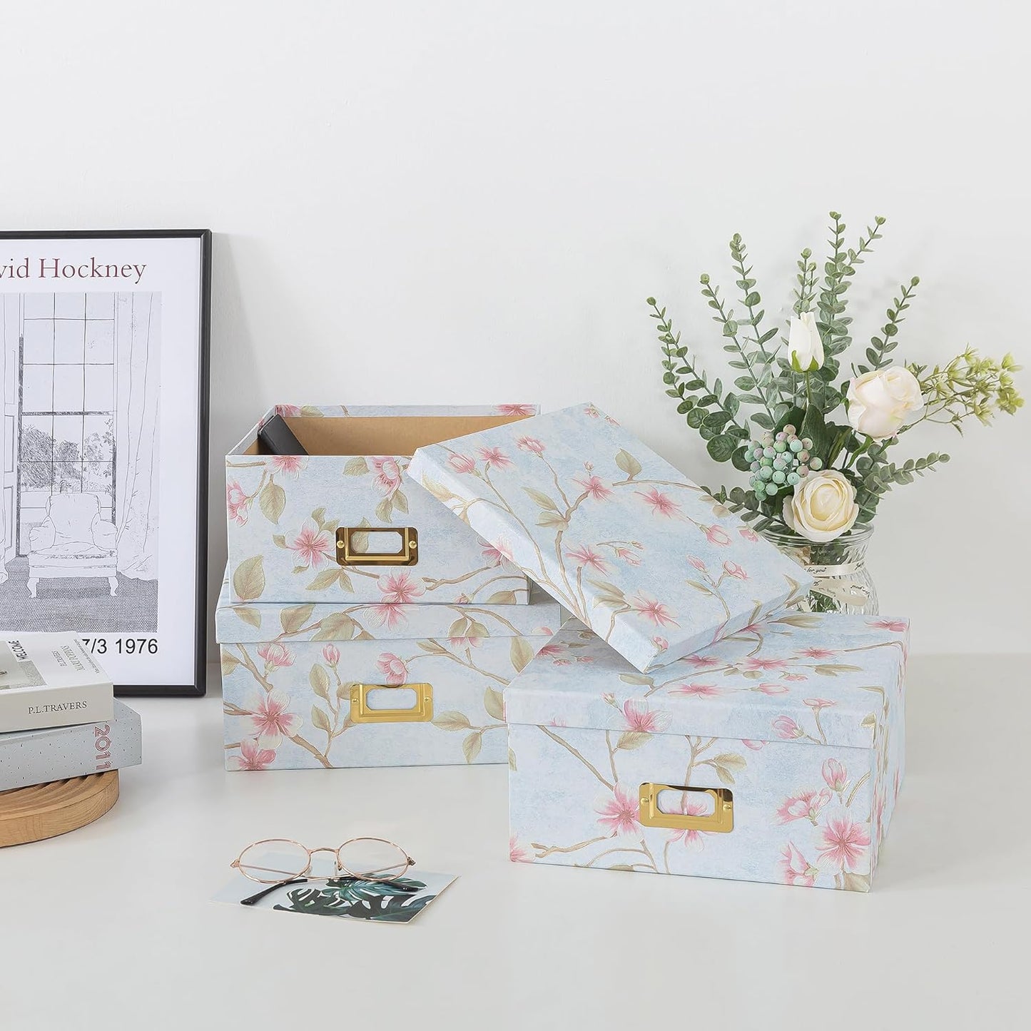 Soul & Lane Decorative Cardboard Storage Boxes - Set of 3 Square Stacking Boxes with Lids and Gold Label Holders, Nesting Photo Storage for Decor and Organizing, Botanical Sage
