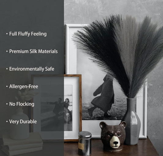 SeptCat 9 Pcs 45" Faux Dried Pampas Grass Tall Decor, Fluffy Fake Long Pompas Artificial Black Grey Gray Pompous Stems Bouquet Flower Arrangement Vase Filler for Boho Home Wedding Decoration