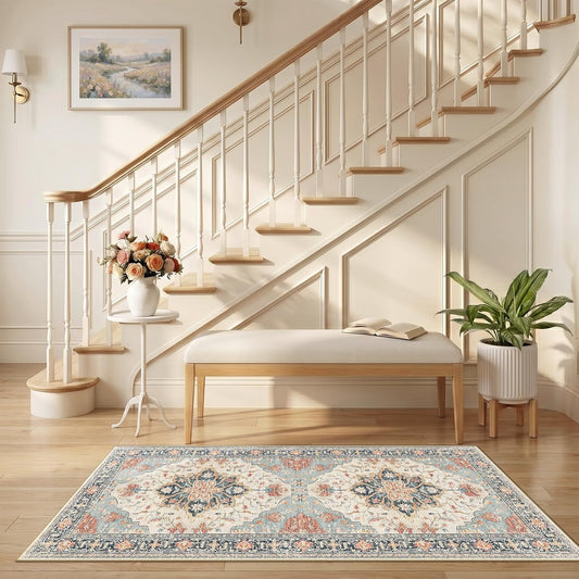RELEANY Area Rugs Round 6ft Washable Non-Slip, Floral Vintage Distress Print Pattern Medallion Carpet for Living Room Bedroom Dining Room, Brick Red Rust Neutral Brown Burnt Orange Green - Colors B