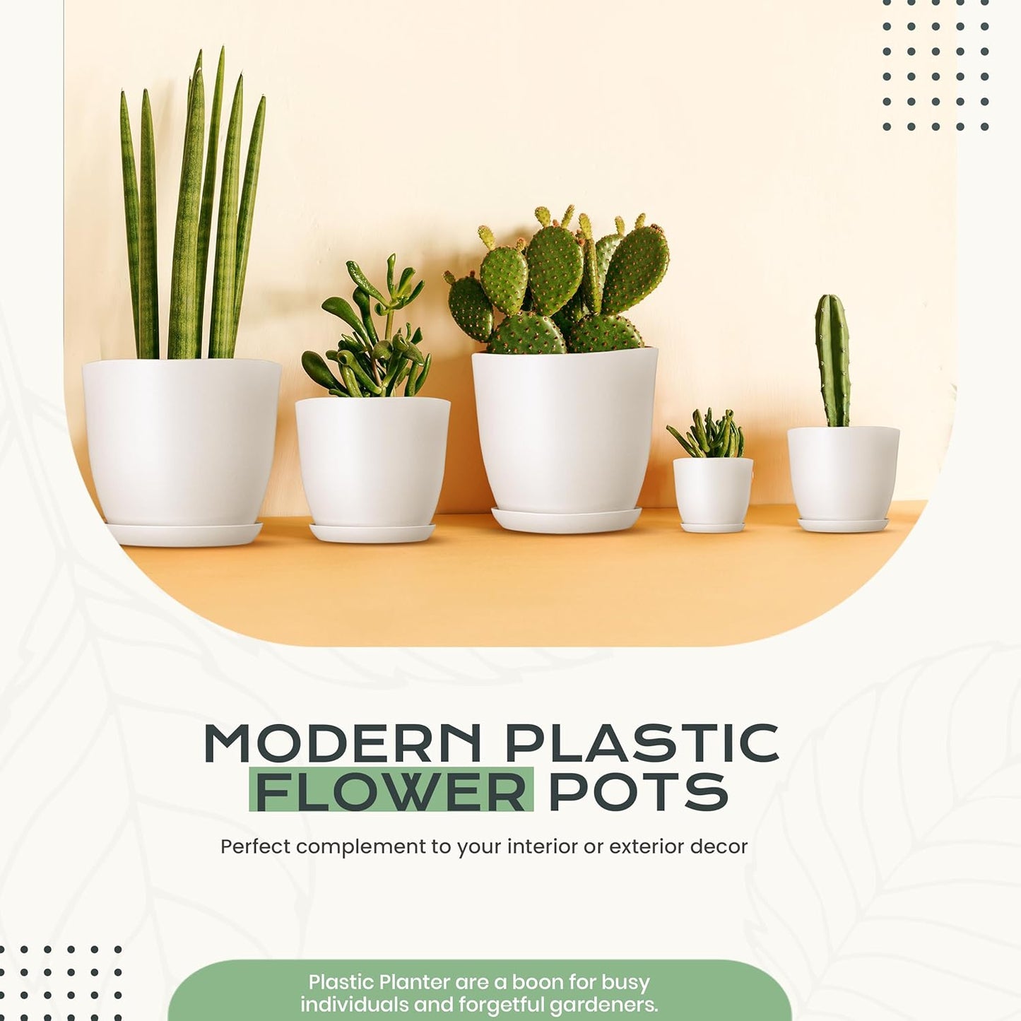 Utopia Home Plant Pots Indoor with Drainage Holes – Set of 5 White Plastic Flower Pots (7/6.6/6/5.3/4.8 Inch) – Modern Planters for Indoor Plants, Room & Office Décor, Great Stocking Stuffers