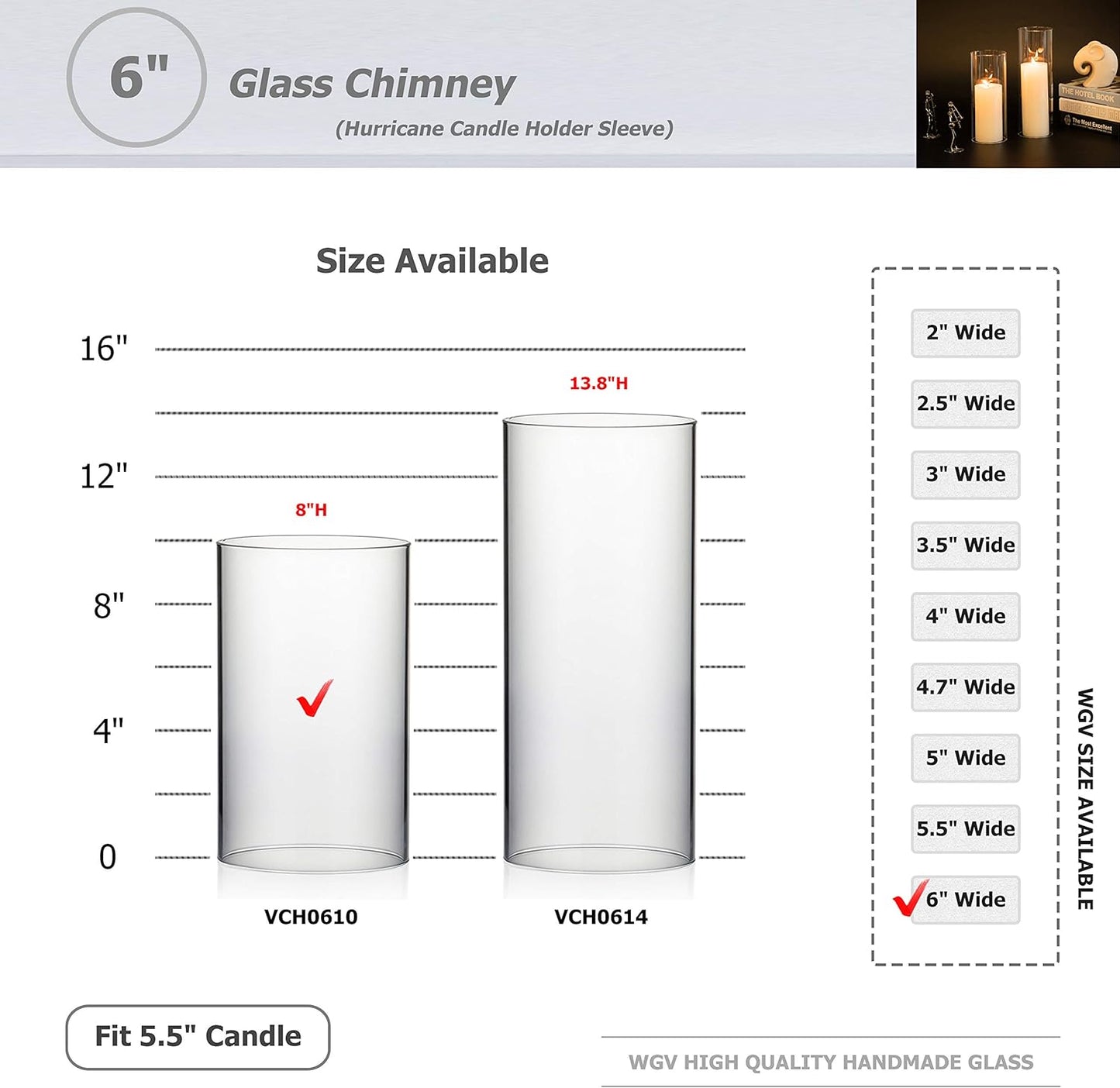 WGVI Hurricane Candle Holder Sleeve, Wide 4", Height 8", Clear Glass Cylinder Candleholder, Chimney Tube, Open Ended Candle Shade, 1 Piece - Colors A