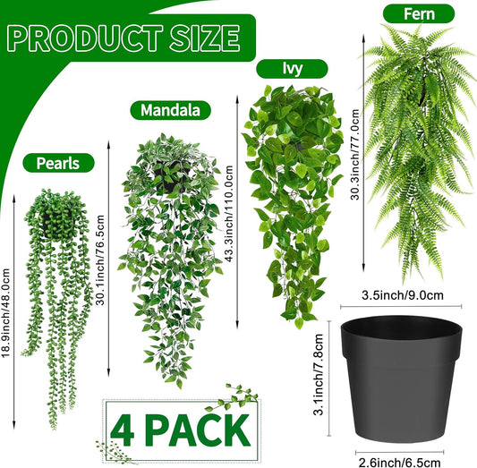 Palonu Artificial Hanging Plants for Shelf, 4 Pack Fake Potted Greenery Plant Faux Mandala Vine, String of Pearls, Ivy Vine,Persian Grass Fern in Pot for Desk Home Bathroom Farmhouse Room Table Decor
