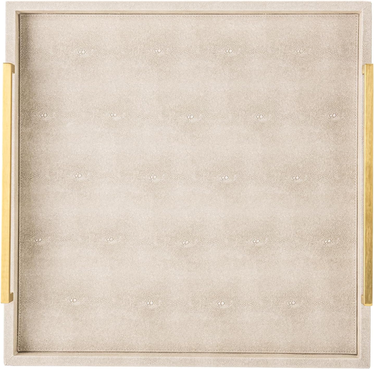 XIGEXIGE Ivory Shagreen Decorative Tray Large Rectangle Coffee Table Tray for Ottoman Faux Leather Serving Tray with Brushed Gold Handles