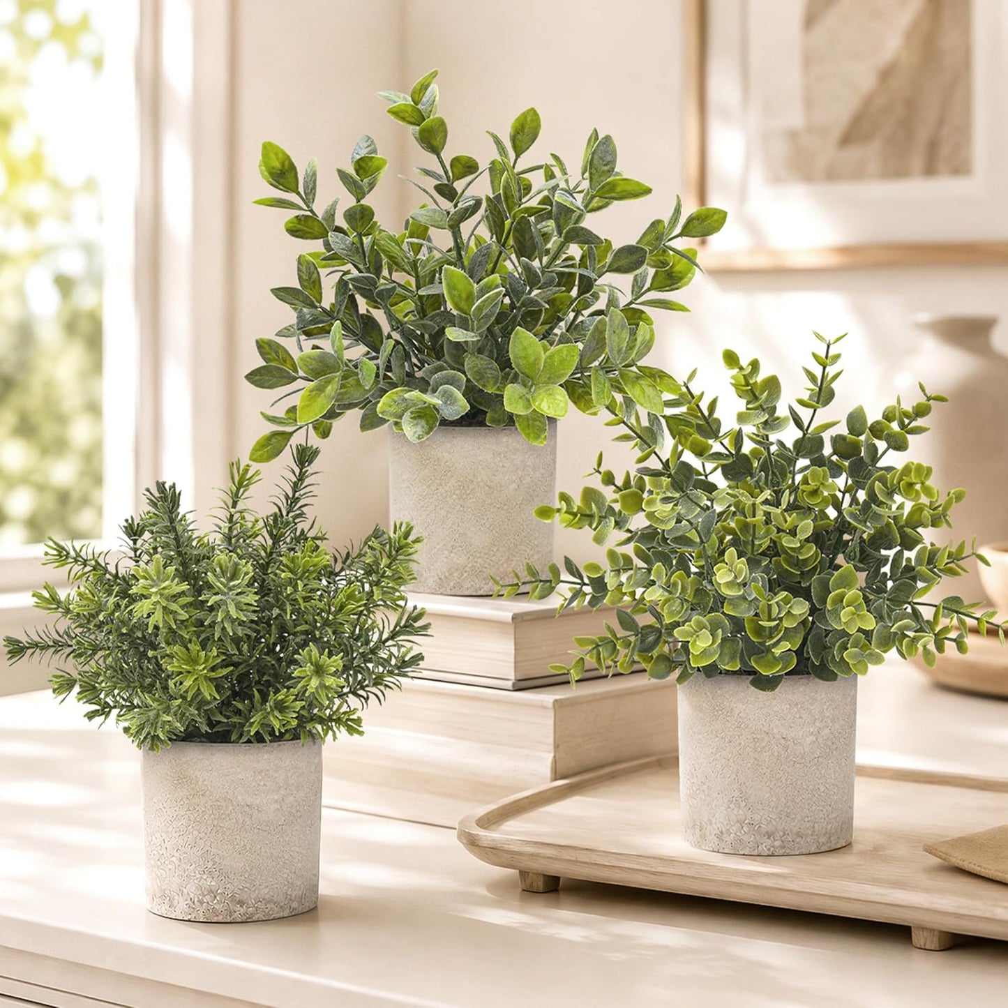 Der Rose 3 Pack Mini Potted Fake Plants Artificial Plastic Eucalyptus Plants Topiaries for Home Office Desk Farmhouse Shelf Room Bathroom Decor(Sage Green)