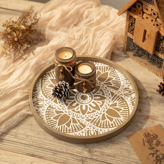 Hanobe Decorative Serving Tray Round: Farmhouse Coffee Table Decor Boho White Mandala Trays for Living Room Kitchen Bathroom Display