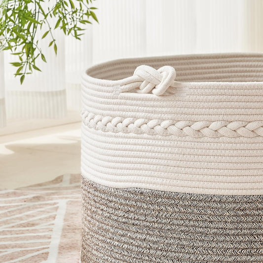 KAKAMAY Large Blanket Basket (20"x13"),Woven Baskets for storage Baby Laundry Hamper, Cotton Rope Blanket Basket for Living Room, Laundry, Nursery, Pillows, Baby Toy chest (White/Brown)