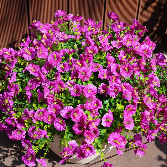 Artificial Flowers for Outdoors, UV Resistant Fake Silk Morning Glory, Realistic Faux Plants for Outside Porch Patio Window Box Hanging Planter (16, Purple Fuchsia Yellow Orange)