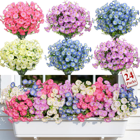 Alupssuc 24 Bundles Artificial Flowers for Outdoors, Faux Spring Flowers for Decoration, UV Resistant Silk Morning Glory with Eucalyptus Realistic Fake Flowers for Yard Planter Porch Garden, 5 Colors
