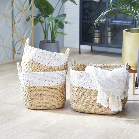 Deco 79 Seagrass Handmade Decorative and Functional Storage Basket Large Woven Basket Organizer with Ring Handles, Basket for Storage 20" x 18" x 19", Brown