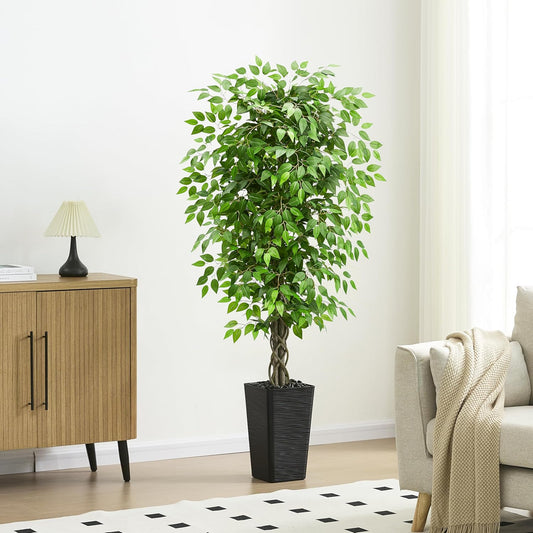 Artificial Ficus Tree 6FT Faux Plants Indoor Tall Fake Plants with White Planter, Green Lifelike Lush Fake Ficus Tree for Home Living Room Bedroom Outdoor Balcony House Office Decor
