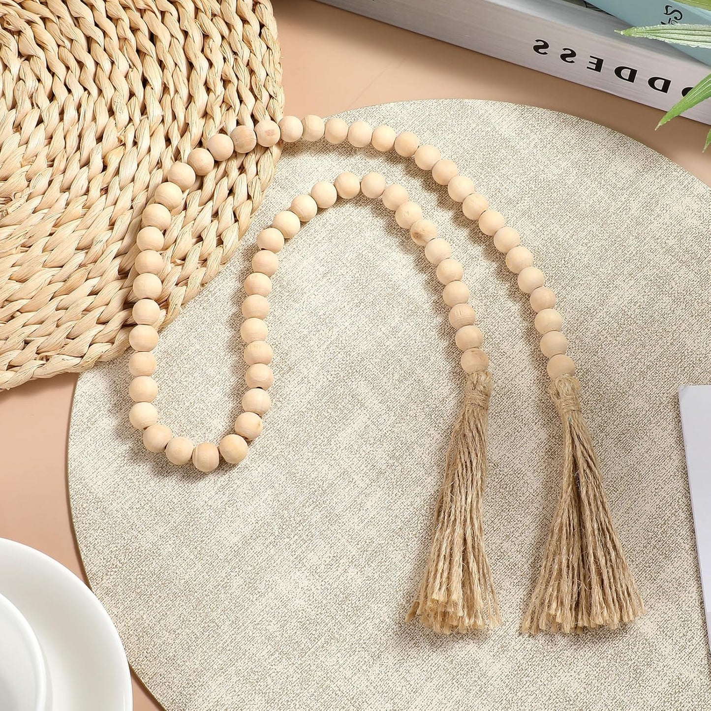 2Pcs 34in Wood Bead Garland with Tassels, Natural Wooden Beads Garland, Boho Decorative Beads Home Decor for Coffee Table, Wall, Shelf, Tray, Vase, Living Room, Bedroom