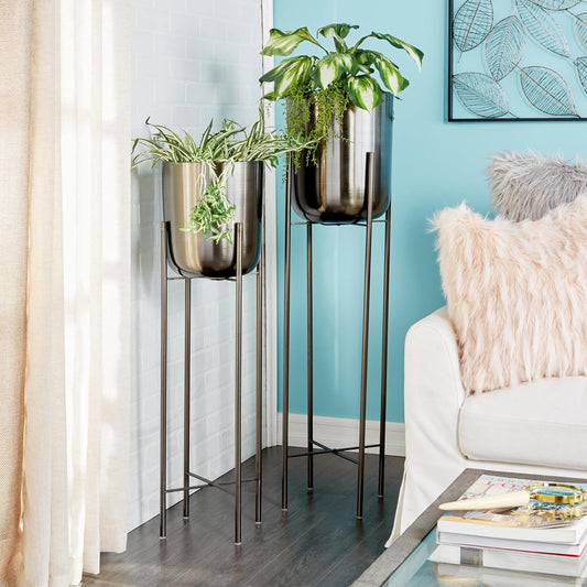 CosmoLiving by Cosmopolitan Metal Indoor Outdoor Planter Dome Large Planter Pot with Removable Stand, Set of 2 Planters 19", 22"H, Gold