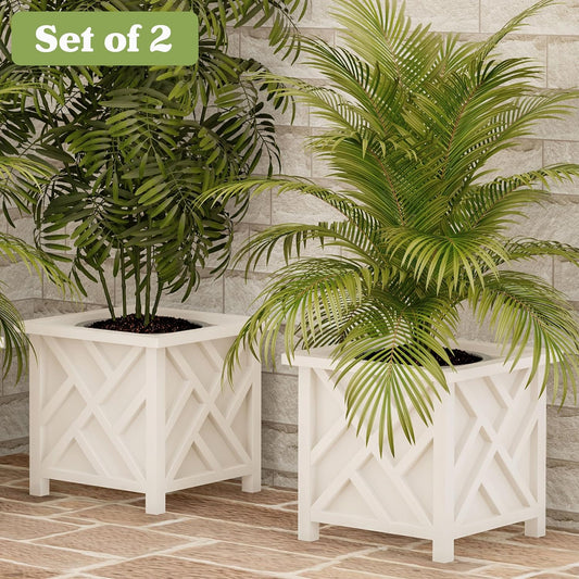 Lattice Design Outdoor Planter Box 2-Pack - 14.75” Square 13” Tall White Decorative Plant Pots for Front Porch Decor - Flower Pots Outdoor Planters for Porch Patio or Garden Decor