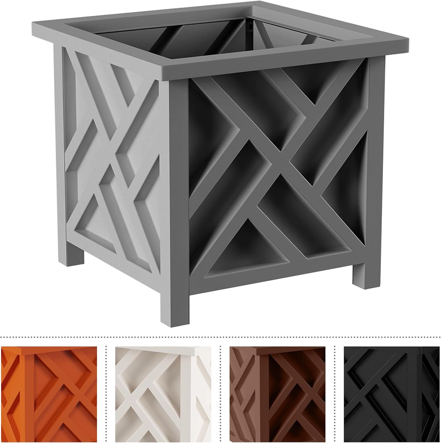 Lattice Design Outdoor Planter Box 2-Pack - 14.75” Square 13” Tall White Decorative Plant Pots for Front Porch Decor - Flower Pots Outdoor Planters for Porch Patio or Garden Decor
