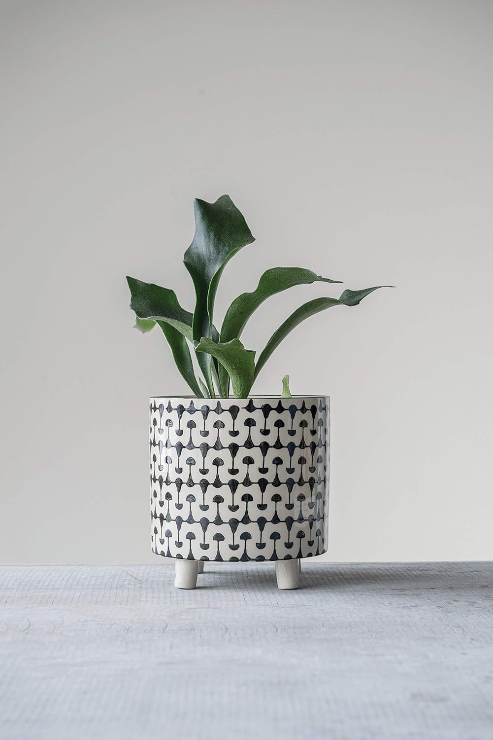 Footed Stoneware Planter with Abstract Print, Rust and White