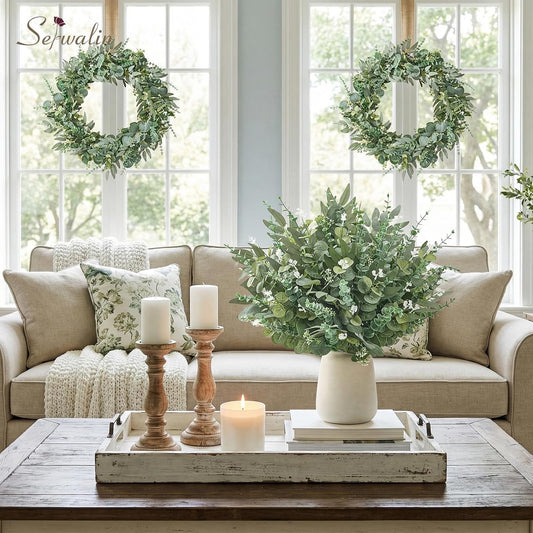 Artificial Greenery Stems, Faux Eucalyptus Stems Bulk with Fake Leaves, Mixed Greenery for Centerpieces and Vase, Artificial Eucalyptus Plants for DIY Flower Wedding Home Decor