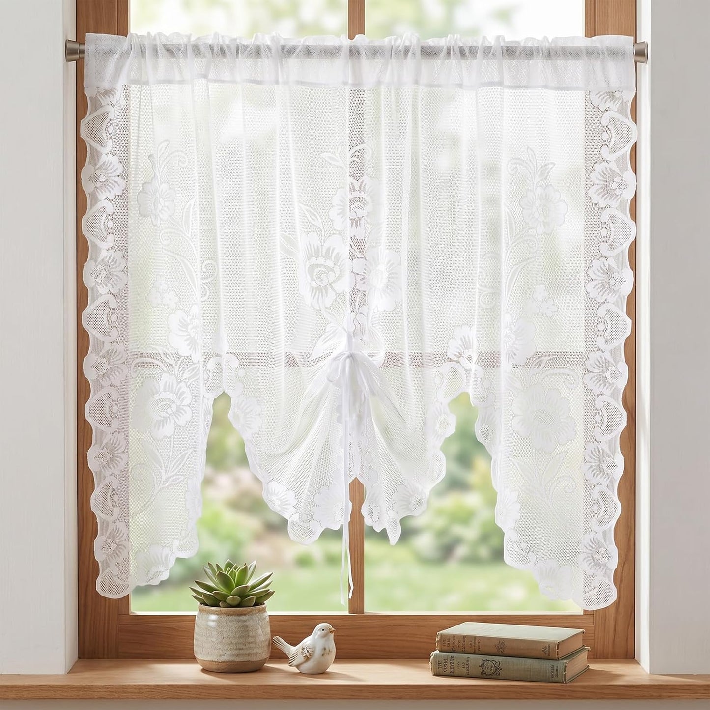 Beige Semi-Sheer Floral Lace Curtain, Hollow Knitted Valances for Windows, Short Embroidery Window Valances for Kitchen, Half Window, Bathroom, Bedroom, Living Room and Cafe Decoration