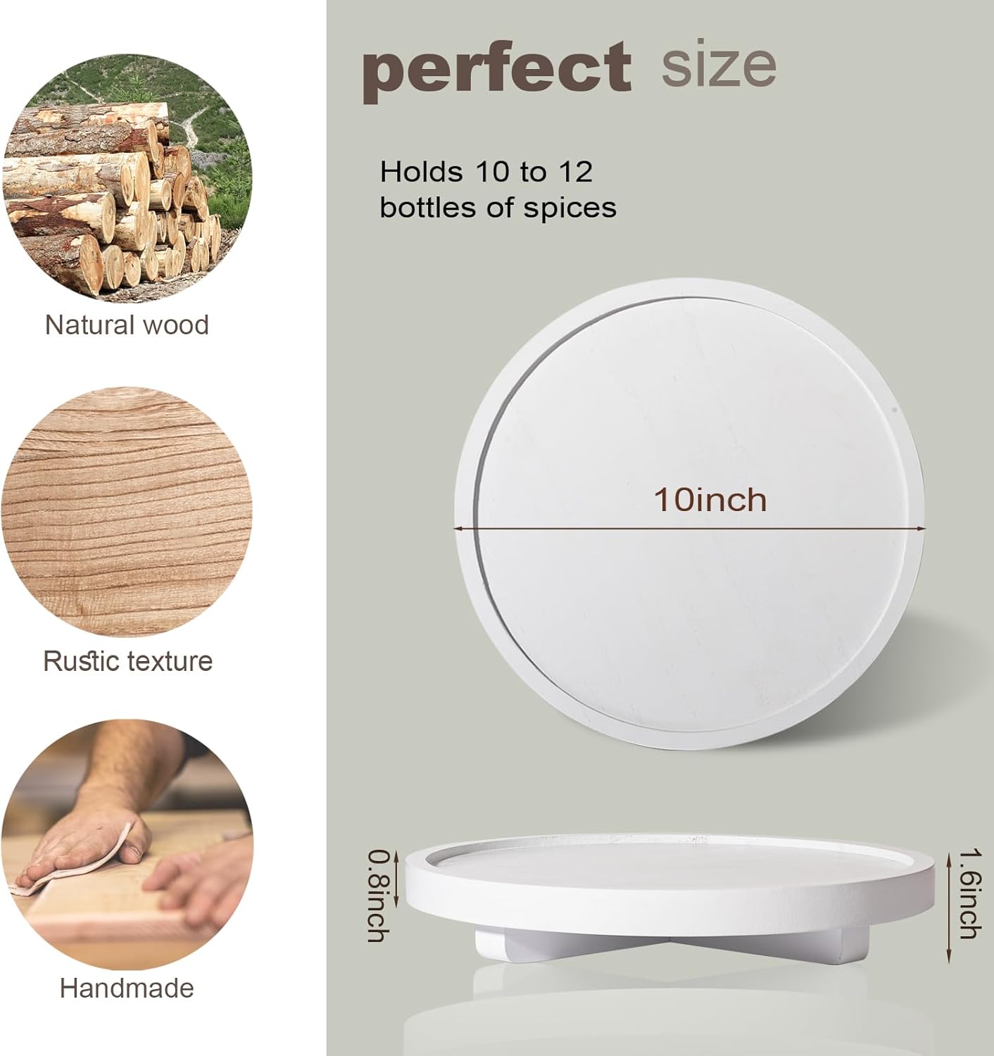 Round Decorative Tray Wood Bathroom Counter Organizer Farmhouse Kitchen Decor Wooden Riser for Soap Dish, Perfume, Candle, Sponge, 10" - Brown