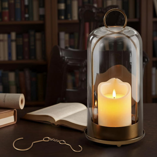 Hurricane Glass Candle Holders, Large & Medium Brass Lanterns Hurricane Candlestick Holder for Pillar Candles Vintage, Gold Metal Rustic Farmhouse Decor with Hook Chains