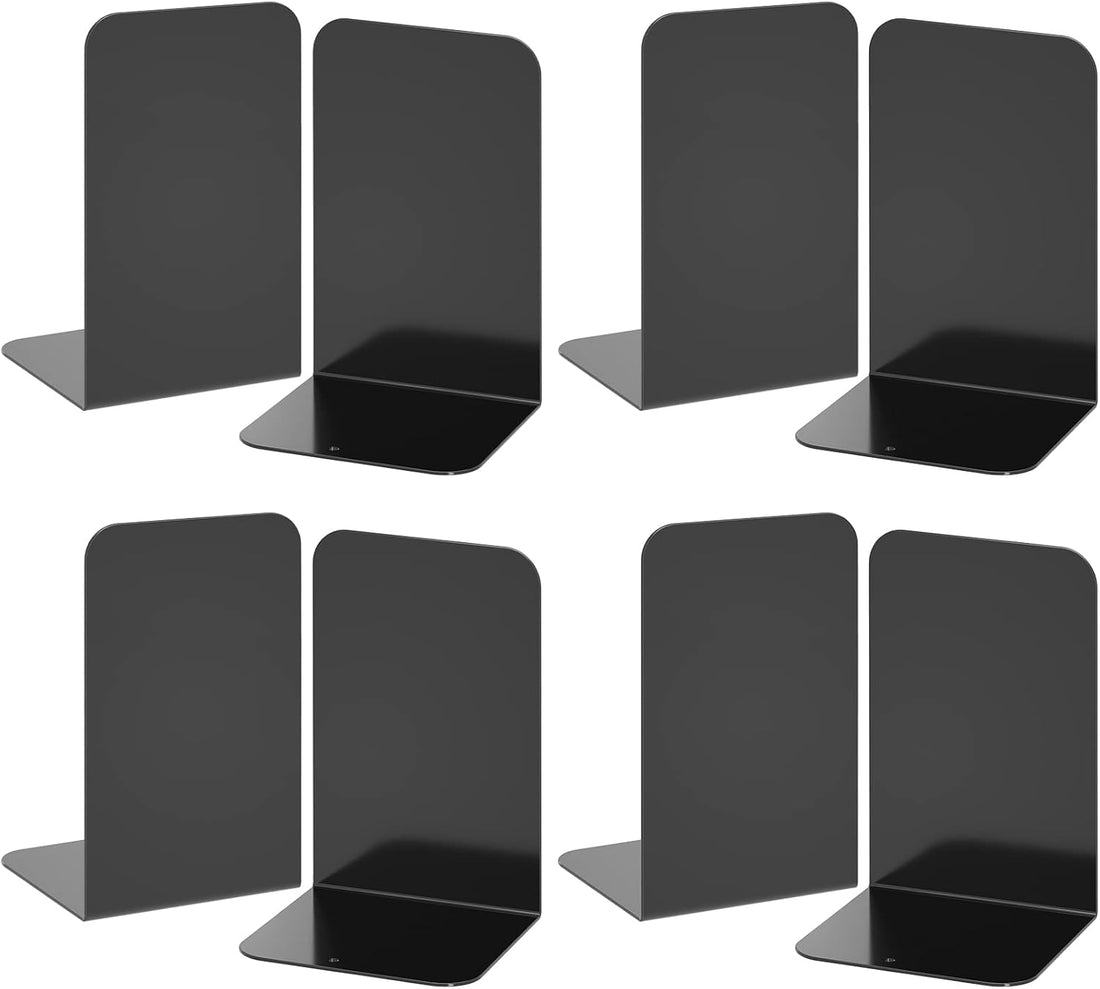 VFINE Bookends 4 Pairs, Black Metal Book Ends, Bookends for Shelves, Book Stopper for Heavy Books, Book Dividers for Home Off