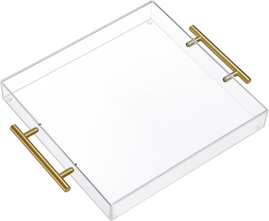 12"x16" Clear Acrylic Serving Tray with Golden Handles, Sturdy Huge Capacity Acrylic Tray for Coffee, Juice, Kitchen and Desk