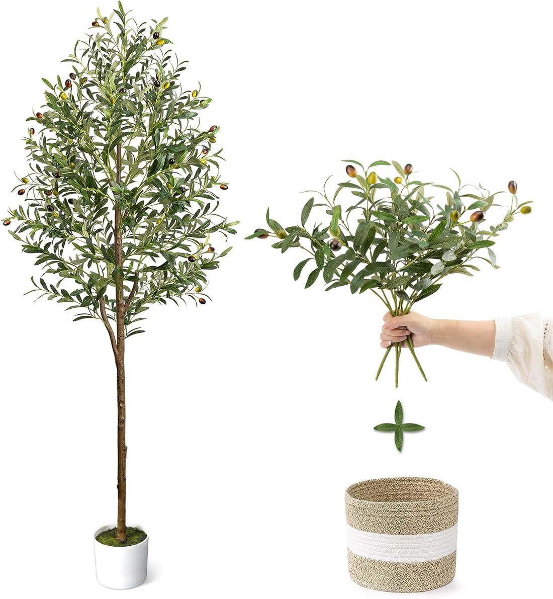 6FT Artificial Olive Tree - Indoor Tall Faux Olive Trees with Planter&Basket, Large Fake Olive Silk Tree Realistic Olive Plan