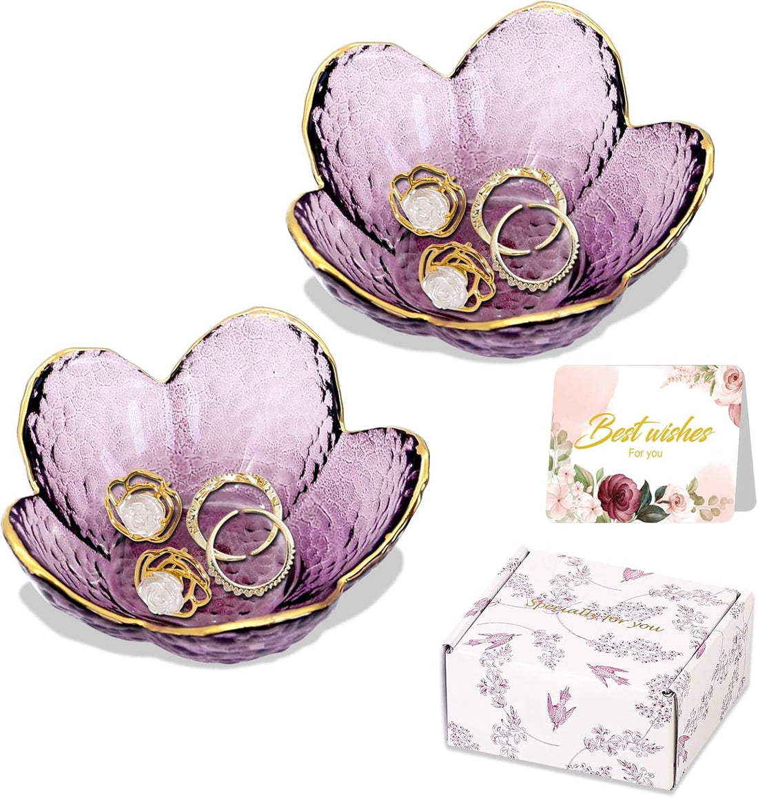 Purple Flower Jewelry Dish Glass Ring Holder Dish Jewelry Tray Cute Vanity Organizer Aesthetic Nightstand Bathroom Room Decor