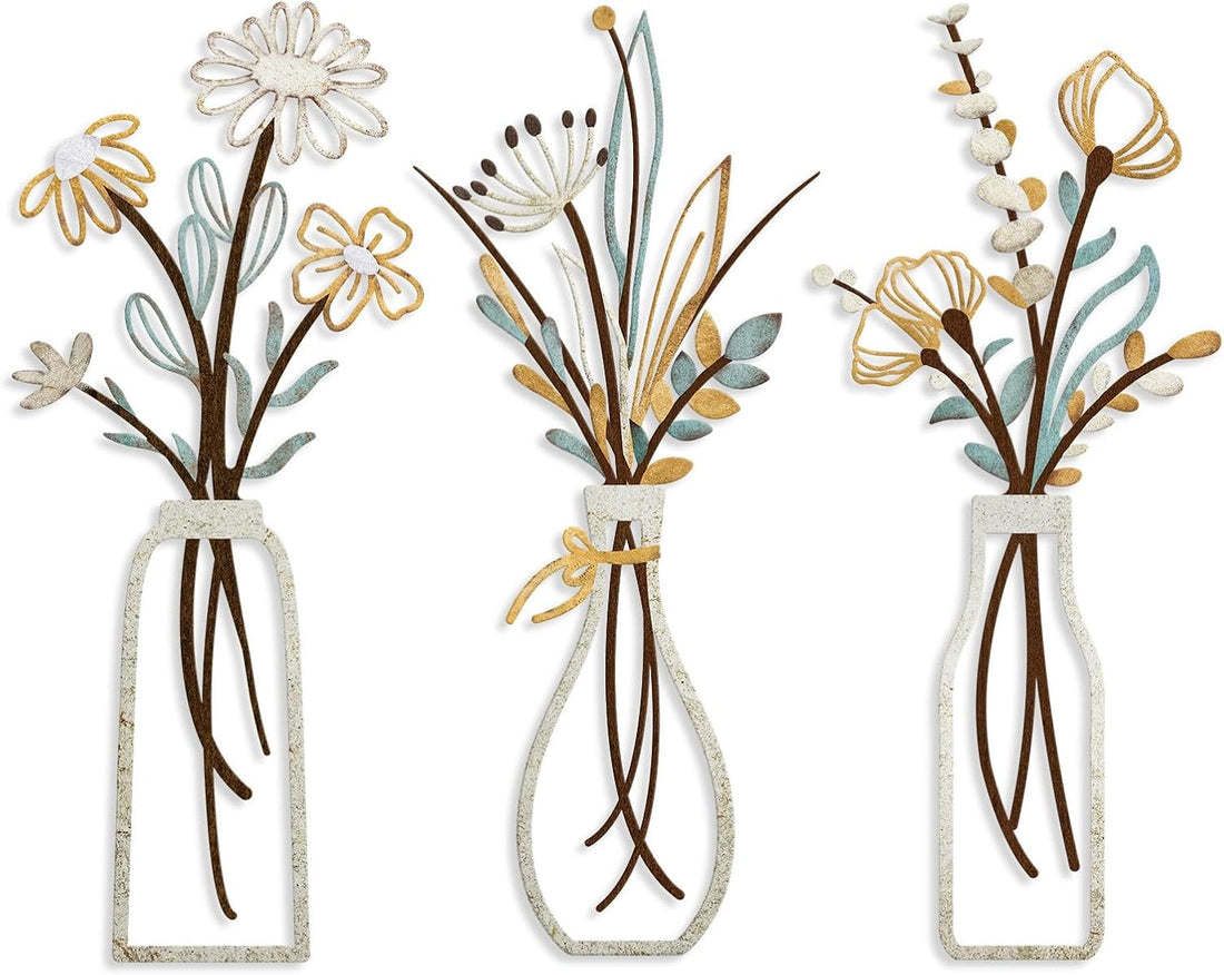 Pigort 3 Pieces Metal Flowers Wall Art- Rustic Farmhouse Decor Minimalist Decor for Living Room Bathroom Bedroom Dining Room,