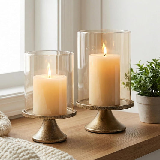 Set of 2 Hurricane Candle Holder Set with Glass Dome & Iron Base – Elegant Decorative Pillar Candle Holders for Living Room, 