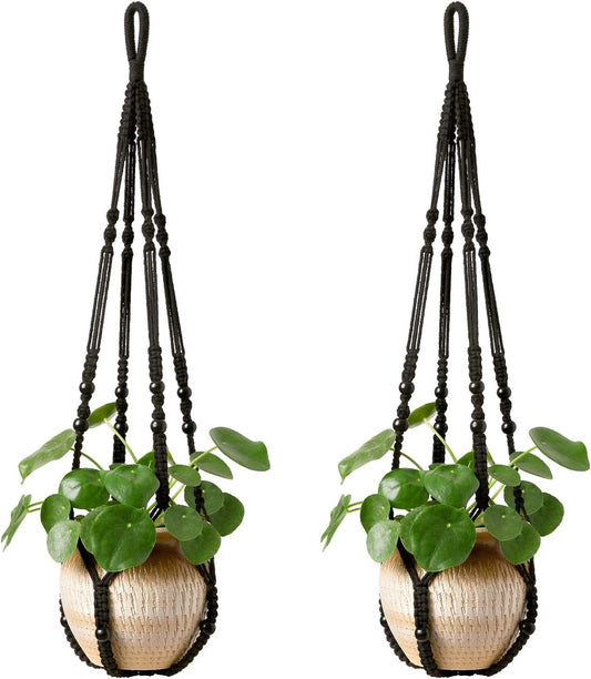 Mkono Macrame Plant Hanger Indoor Hanging Planter Basket with Wood Beads Decorative Flower Pot Holder No Tassels for Indoor O