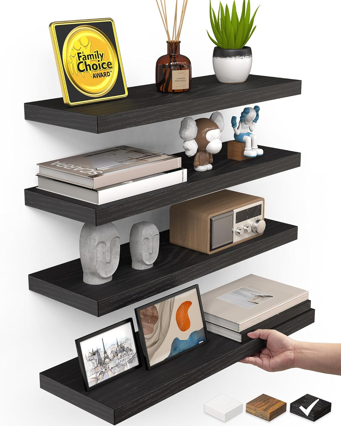BAYKA Floating Shelves for Wall, Set of 3, Wall Mounted Rustic Wood Shelves for Bathroom, Bedroom, Living Room, Kitchen, Smal