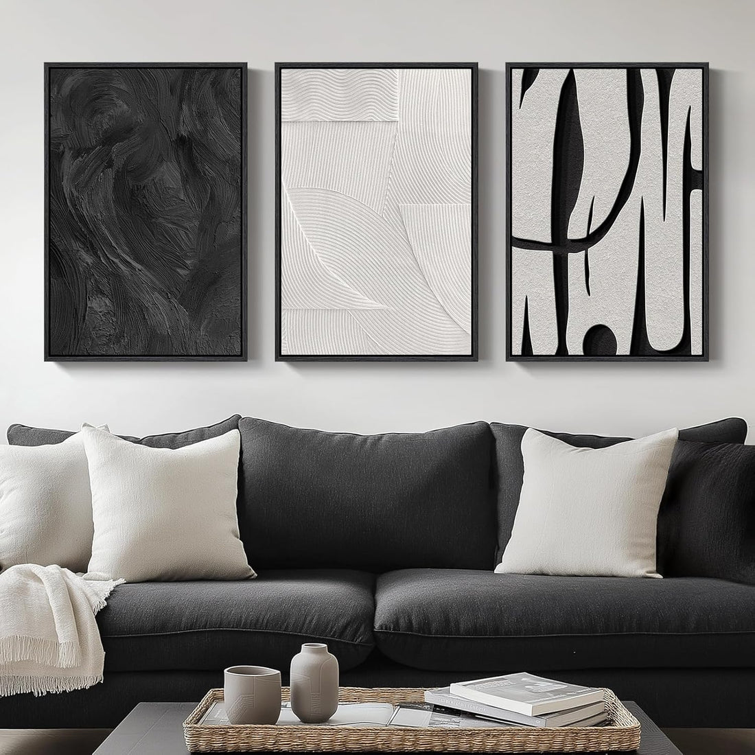 Large Framed Black and White Abstract Wall Art for Living Room, 3 Piece Big Modern Canvas Prints Paintings Artwork for Walls,