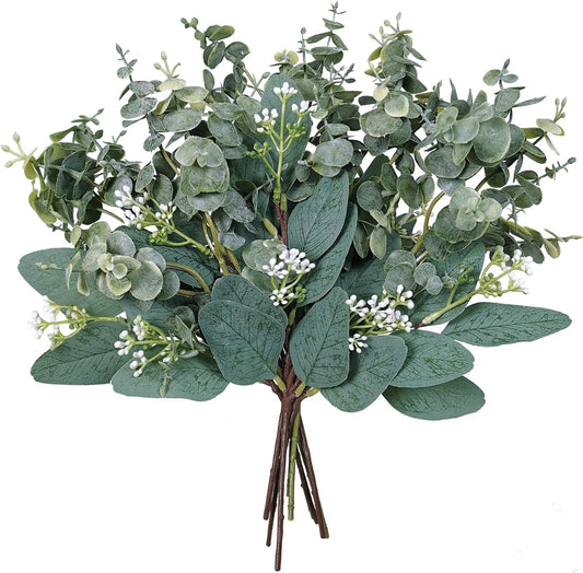 Mixed Eucalyptus Leaves Stems Bulk Artificial Eucalyptus Leaves Sprays Faux Oval Eucalyptus Leaves with White Seeds Stems for