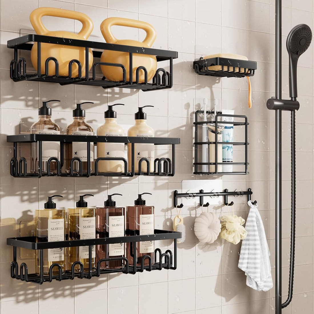 Veken Shower Caddy 6-Pack, Advanced Rustproof Design, No Drilling Adhesive Shelves, Rack with Soap Holder, Large Capacity Bat