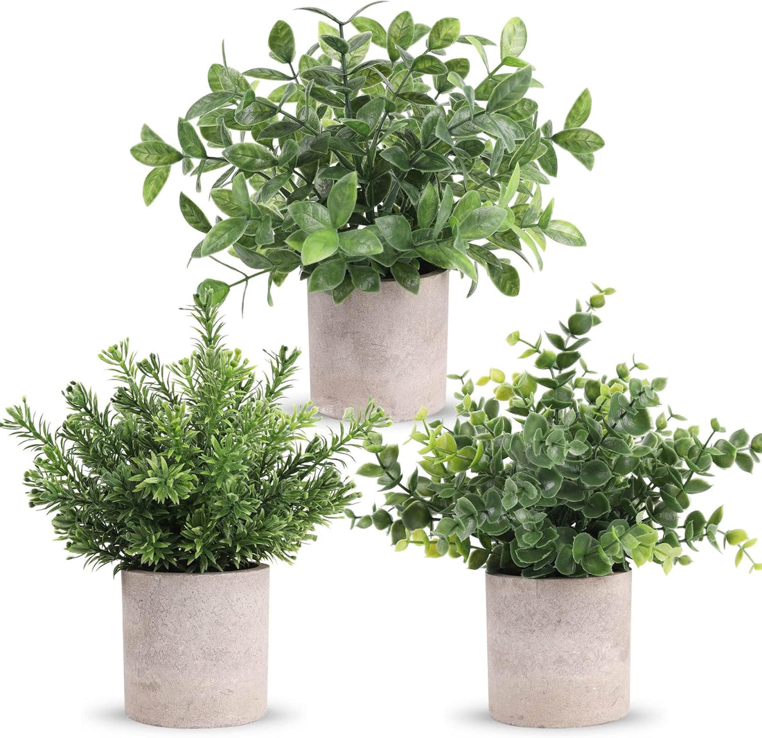 Der Rose 3 Pack Mini Potted Fake Plants Artificial Plastic Eucalyptus Plants Topiaries for Home Office Desk Farmhouse Shelf R