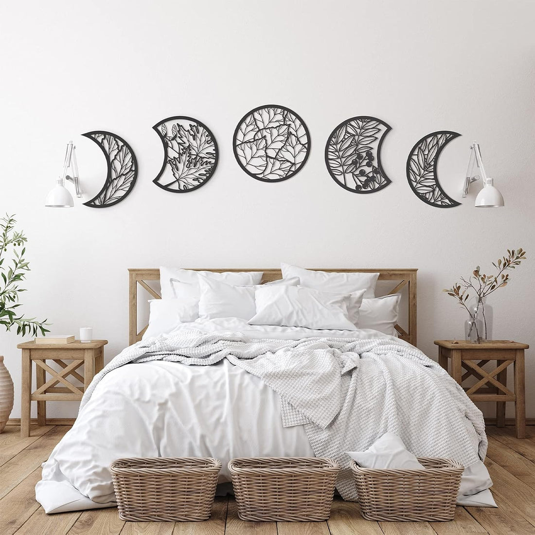 Jetec 5 Pcs Moon Phase Wall Art Decor Wall Pediments Hanging Wooden Phase Spiritual Bedroom Nordic Boho Lunar Aesthetic Art f
