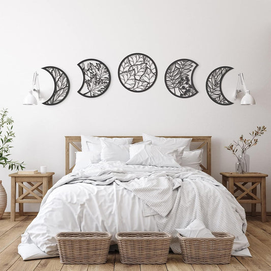 Jetec 5 Pcs Moon Phase Wall Art Decor Wall Pediments Hanging Wooden Phase Spiritual Bedroom Nordic Boho Lunar Aesthetic Art f